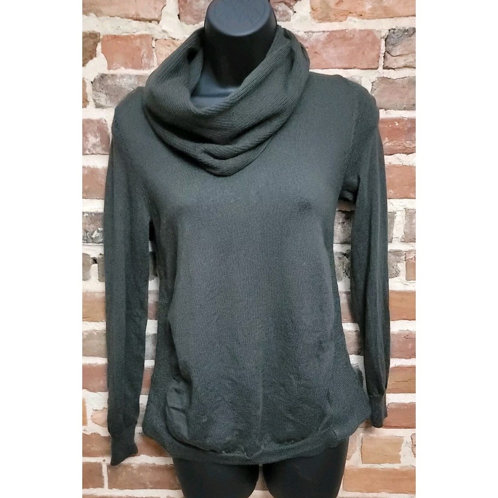 Ellen Tracy Sweater Green Merino Wool Cowl Neck Split Open Back  Size Small